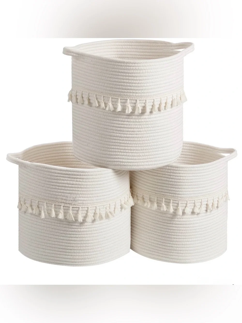 Neutral Cream Rope Baskets with Tassel Trim - Set of 3 (13”x13”)